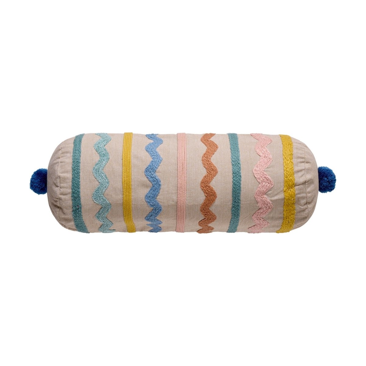 Zig-Zag Bolster with Poms Embroidered Throw Pillow, 8x20 inch, front view