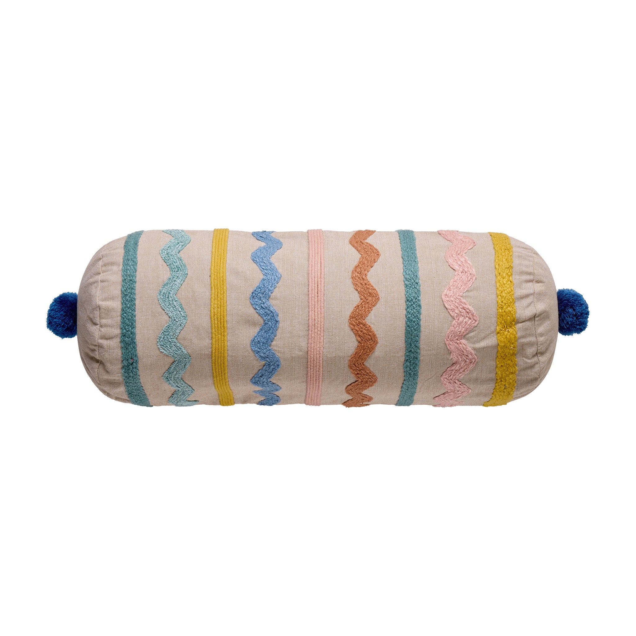 Zig-Zag Bolster with Poms Embroidered Throw Pillow, 8x20 inch, front view