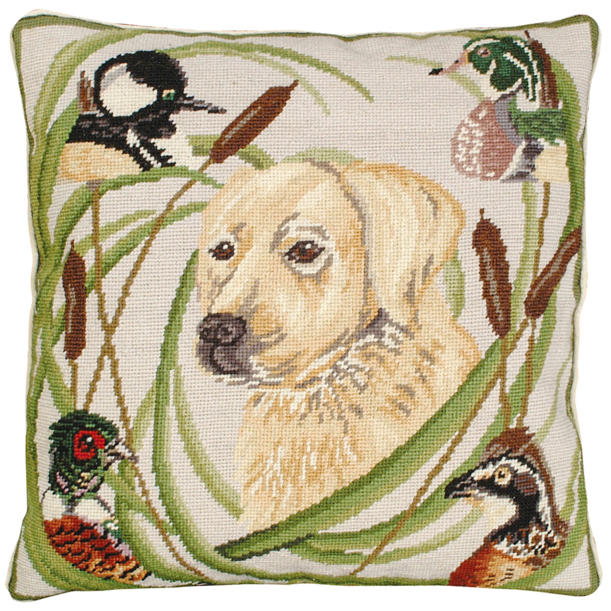 Yellow Lab Dog With Ducks Decorative Lodge Needlepoint Throw Pillow, Size: 18x18